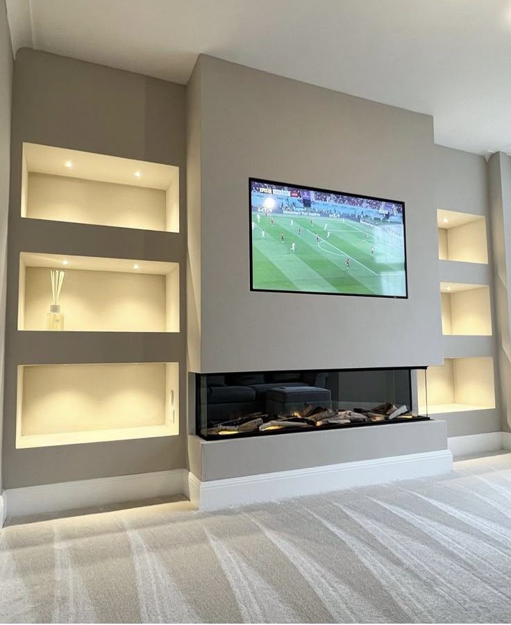 Bespoke media wall with inset electric fire and integrated shelving, near Ormskirk, Lancashire
